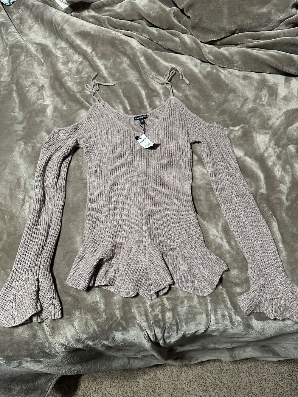 Express Tan Ribbed Cold-Shoulder Peplum Sweater